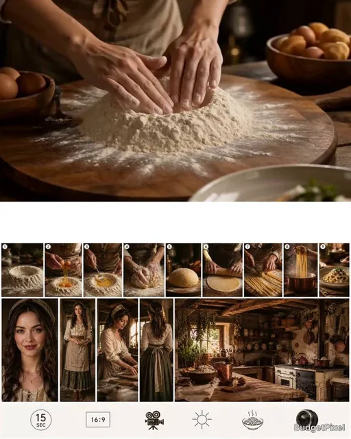 Create one single composite reference sheet for a 15-second realistic pasta-making tutorial video. The image should be a