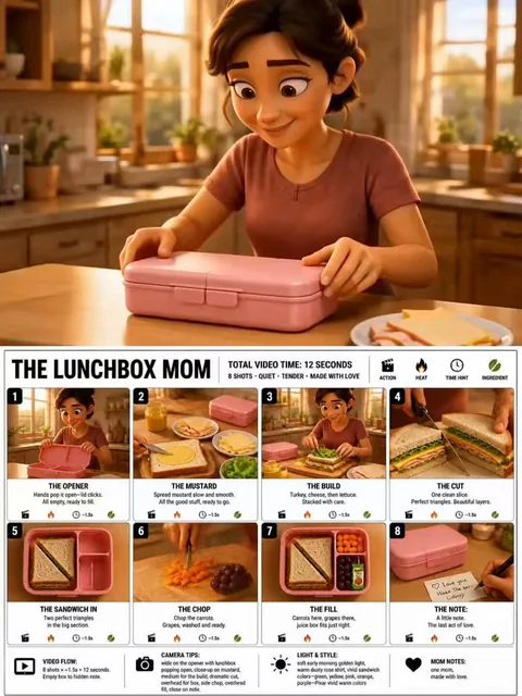Create a crisp, clean infographic storyboard poster for THE LUNCHBOX MOM. Wide 16:9 layout, white background, black bord