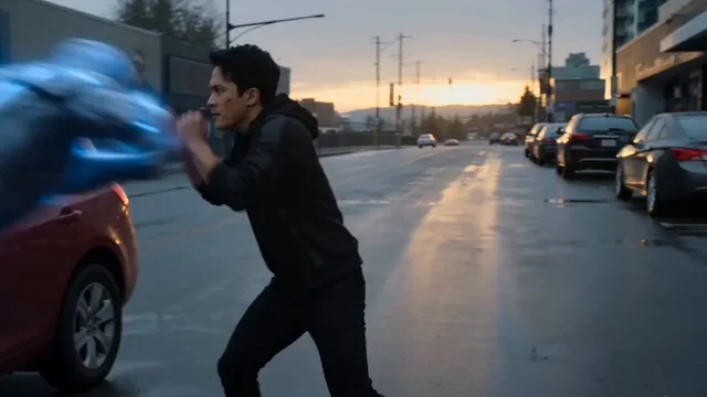 An intense, cinematic, slow-motion action sequence on a damp, overcast city street during dusk. A young Asian man in a b