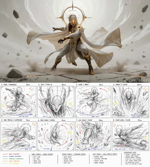 Create a 16:9 character concept sheet for a celestial voyager in an epic cinematic sci-fi fantasy aesthetic.