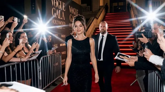 Ultra-realistic cinematic vertical video (9:16), authentic paparazzi/fan-captured red carpet moment at a luxury nighttim