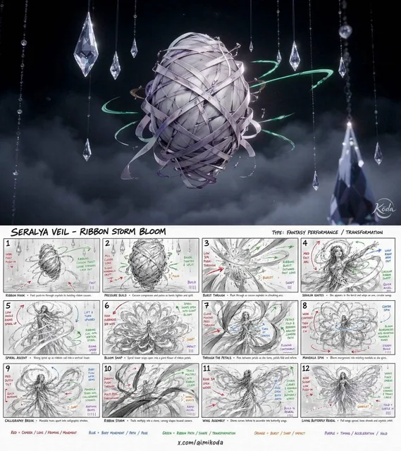 A 3D animated dancer in a dark void, her iridescent ribbons dynamically transforming from cocoon to butterfly wings, driven by her energetic full-body dance movements.