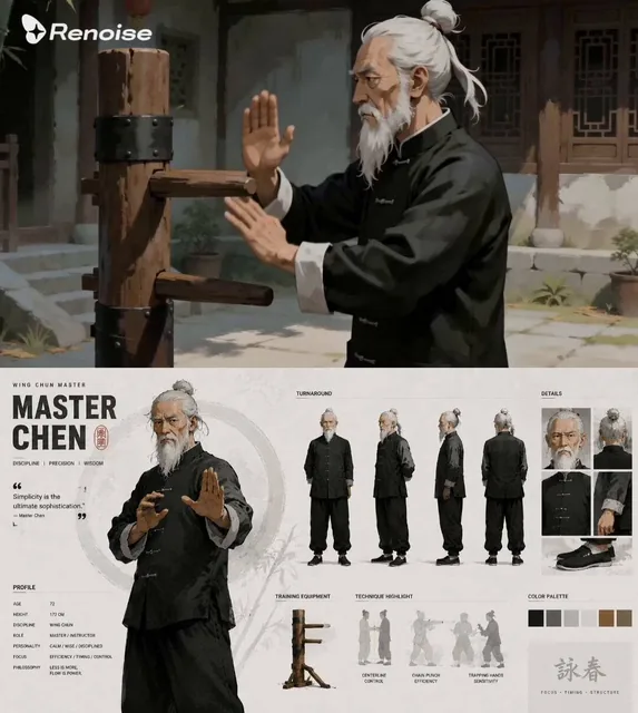 Ultra-detailed martial arts character design sheet, “Master Chen”, legendary Wing Chun grandmaster, cinematic concept ar