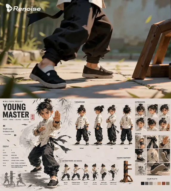 Ultra-detailed martial arts child character design sheet, “Young Master”, legendary Wing Chun prodigy, cinematic anime-i