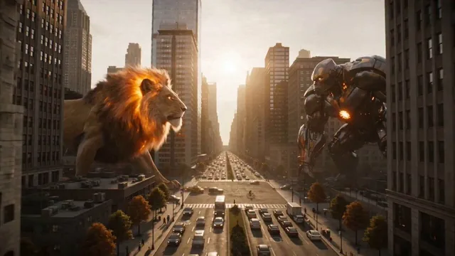 A cinematic, hyper-realistic action sequence set in a sprawling, sunlit metropolis. A colossal, giant lion with a mane m