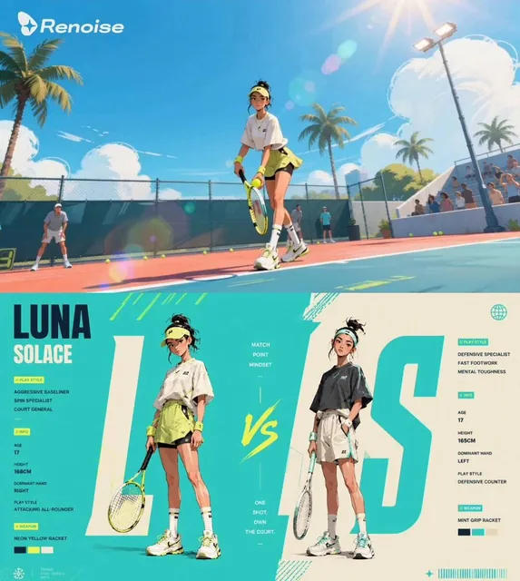 Ultra-detailed anime-inspired female tennis character design poster, “Luna Solace”, futuristic sports fashion illustrati