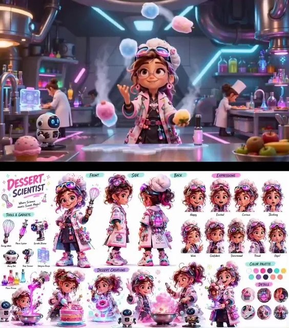 Pixar-inspired futuristic dessert scientist chef character sheet, neon-accented uniform, robotic dessert tools, expressi