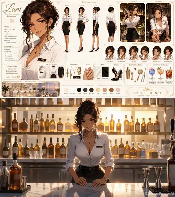 Create a premium anime-style character sheet of a classy, charismatic, beautiful female bartender named “Lani Kahele”, p