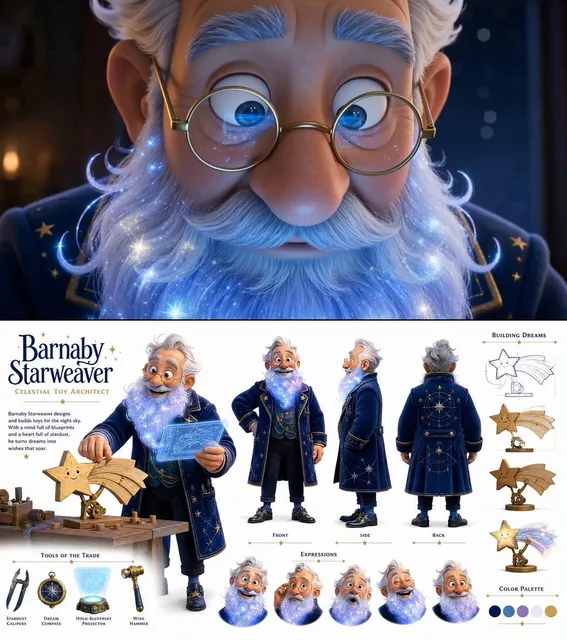 Pixar-inspired celestial toy architect character sheet showing Barnaby Starweaver, an elderly man with a glowing stardus