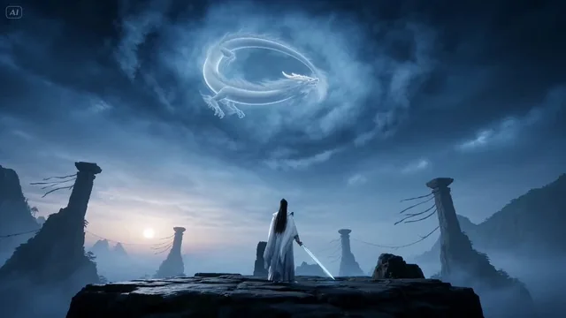 Style: 3D cinematic wuxia fantasy, stylized realism, mythic martial arts atmosphere, elegant wire-fu movement, misty mou