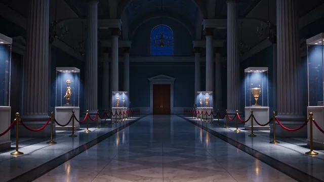 Style: 3D cinematic animation, stylish museum heist comedy-action, glossy lighting, playful suspense, expressive charact