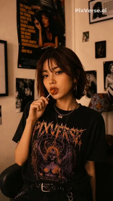 Korean-Japanese mixed-race female, short auburn bob haircut, black PIXVERSE band t-shirt with purple-orange BMTH-inspire