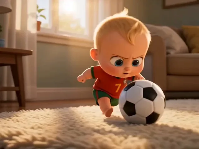 Pixar-style 3D animated cinematic video, Part 2 of heartwarming father-and-son football story. Inside a cozy sunlit livi