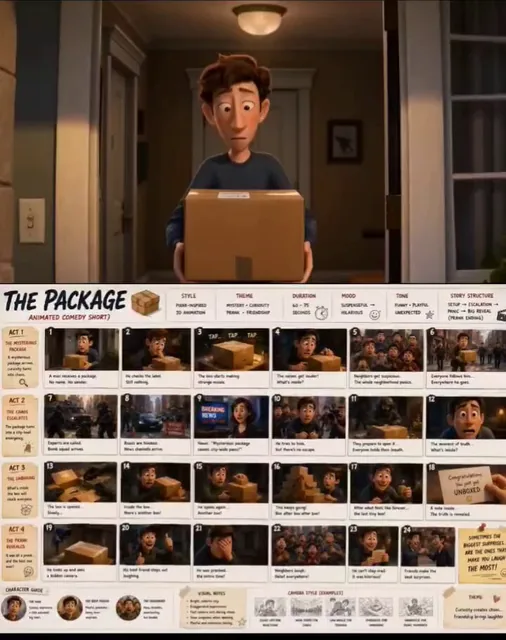 Create a Pixar-inspired 3D animated comedy short called "The Package."