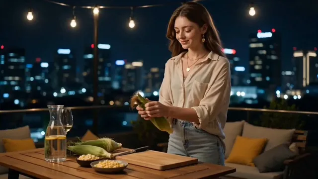 Ultra realistic cinematic video, warm cozy Saturday night atmosphere, rooftop of a modern Indonesian house, city lights