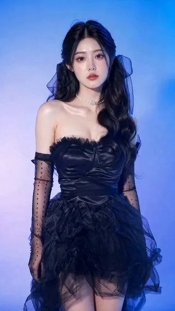 A young East Asian woman in an elegant black gothic coquette dress with layered black tulle skirt and sheer polka-dot op