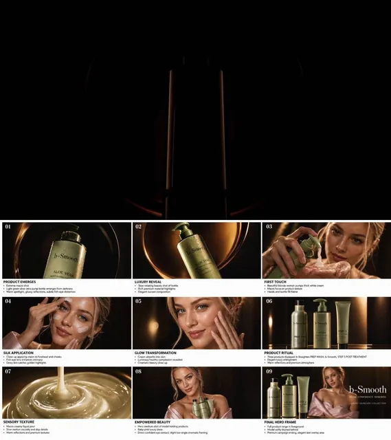 Create a wide-format 9-panel cinematic storyboard infographic (16:9 canvas) showing a luxury skincare commercial. Use ul