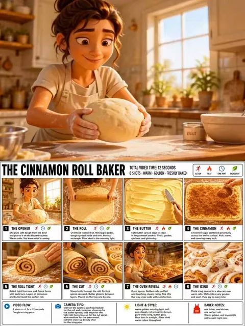 Create a crisp, clean infographic storyboard poster for THE CINNAMON ROLL BAKER. Wide 16:9 layout, white background, bla
