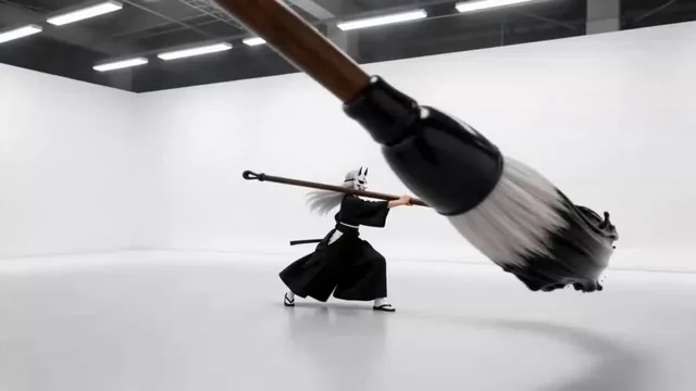 A cinematic, high-contrast action video in a stark minimalist white gallery space. A character wearing a traditional bla