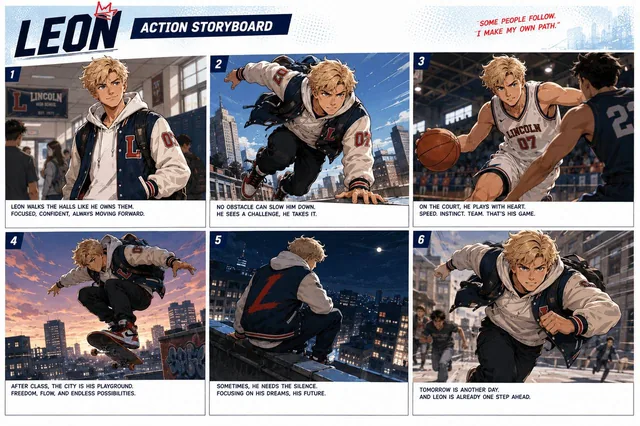 Character Lock (Use in Every Scene)Character: Leon, 17-year-old American high school student, athletic build, messy blon