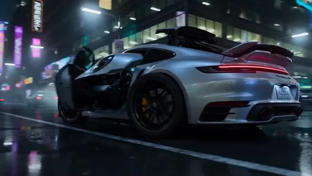 A silver Porsche 911 transforms into a sleek, feminine robot with glowing blue accents, ending in a close-up of its face as it blows a kiss.