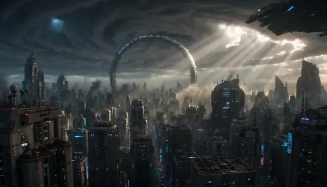 A sprawling, futuristic cyberpunk city with towering, worn buildings under a sky torn open by a massive, activating orbital device, featuring volumetric clouds, neon lights, and dr