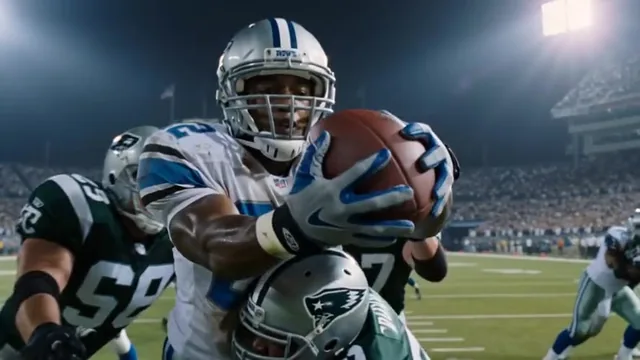 Cinematic top-down view of an American football player catching the ball as defenders freeze, with particles suspended in air, leading to a touchdown.