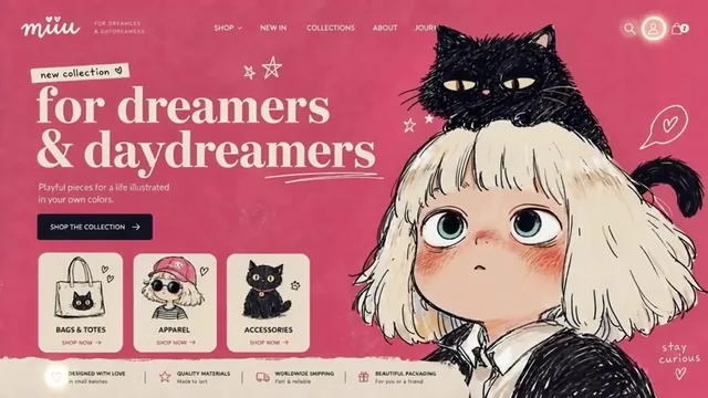 Animated e-commerce landing page with a girl, cat, and playful doodles, featuring subtle UI micro-interactions and a soft, dreamy aesthetic.