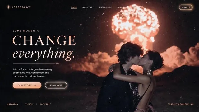 Cinematic animation of a romantic couple kissing under a glowing explosion cloud at night, with a starry sky, subtle motion, and luxury lighting, suitable for a landing page hero s