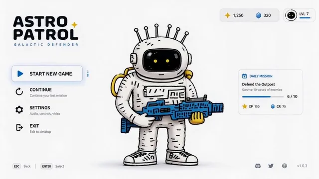 Cinematic transition from a futuristic 'Astro Patrol' game UI menu to an immersive first-person shooter view with a player aiming a rifle in combat.