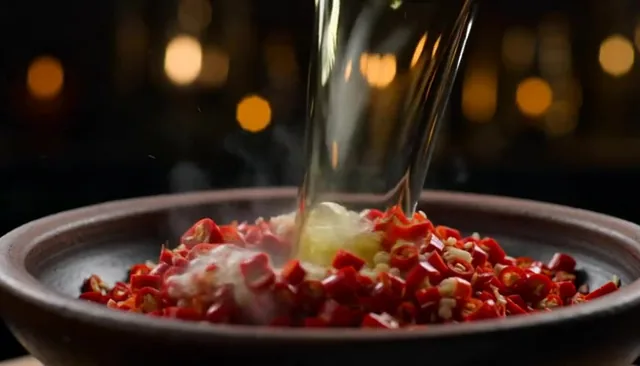 extreme close-up of hot oil being poured over chili and garlic, sizzling, steam rising, cinematic lighting, high contras
