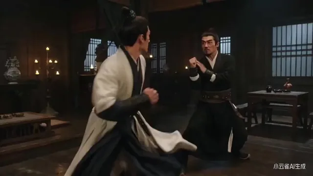 Generate a fight scene featuring two people, with the look and vibe of an 1980s Shaw Brothers martial arts film. The act