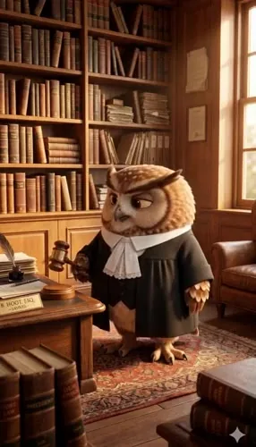 A cute, determined Pixar-style owl lawyer in a black robe sits behind a wooden desk in a warm law office, rolling up his sleeves amidst messy legal documents.