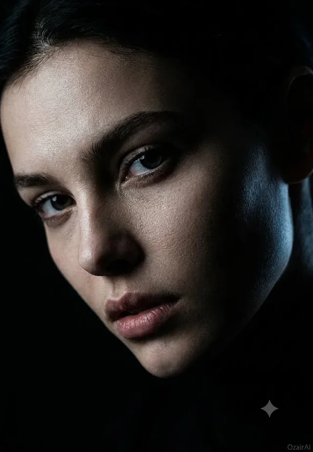 Close-up, dramatic 45-degree portrait of a face in extreme shadow with a single light source highlighting skin texture, pores, and a subtle parted-lip expression.