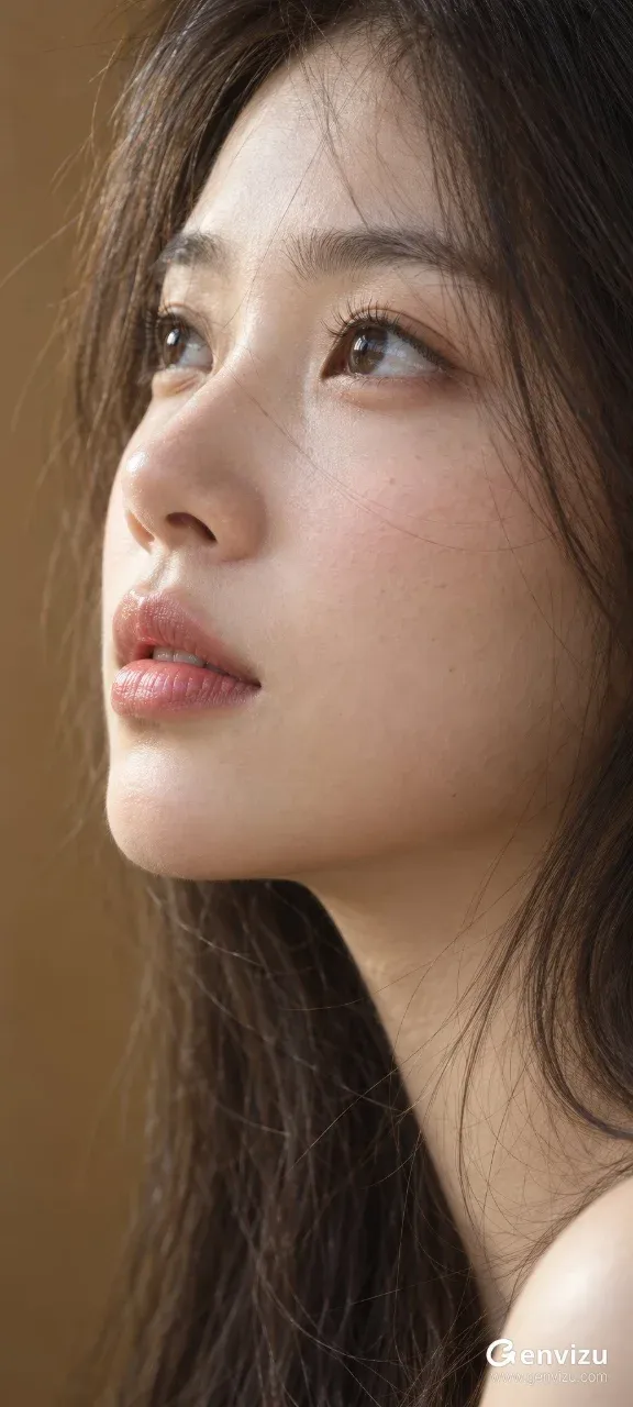 Close-up AI portrait of a person with a lifted gaze and slightly parted lips, evoking a quiet and unguarded feeling.