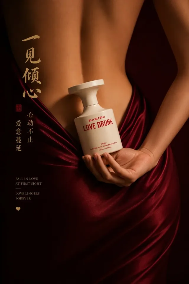 A luxurious perfume bottle featured in a sophisticated Asian-inspired editorial campaign with silk, calligraphy, and soft lighting.