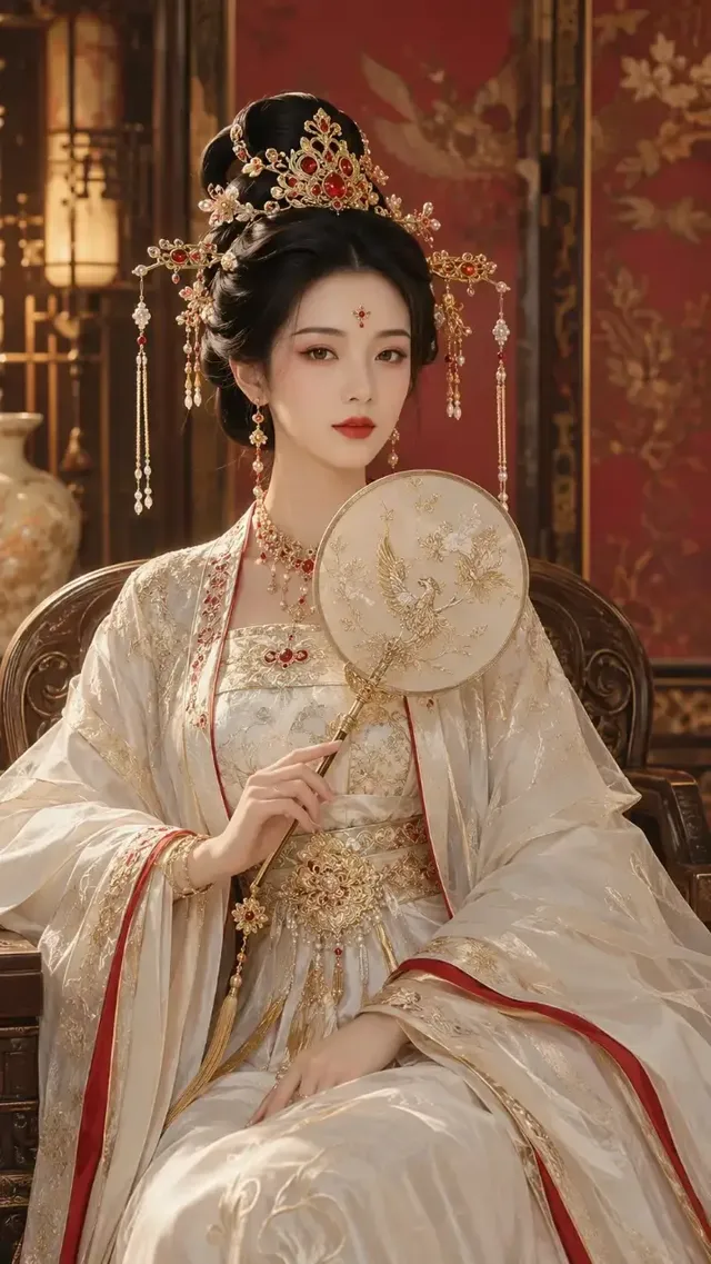 Elegant Tang Dynasty noblewoman with elaborate hairstyle and jewelry, wearing a white and gold robe with red accents, holding a fan, seated indoors with a red screen and ornate lamp in the background.
