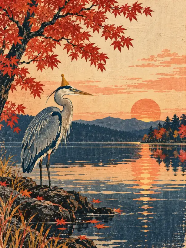 Hand-pulled woodblock-print illustration of a lone heron resting by a still autumn lake with a red maple under a coral sky.