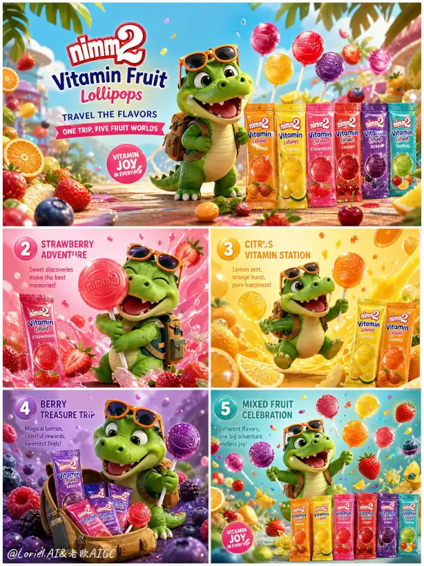 A five-panel advertisement for Nimm2 Vitamin Fruit Lollipops. The central theme features a cute baby crocodile mascot with sunglasses and a backpack, interacting with various fruit-flavored lollipops across different scenes like a strawberry world, a citrus station, and a berry treasure reveal.