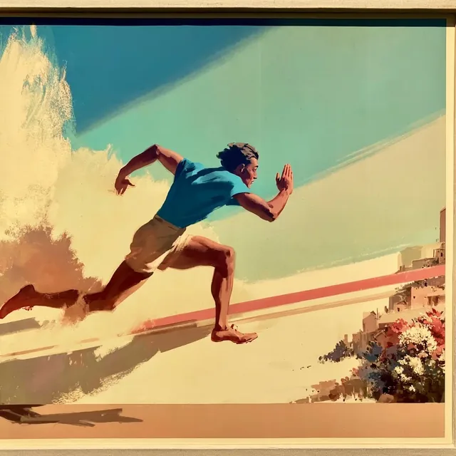 A vintage travel poster with a bright blue sky and retro aesthetic.
