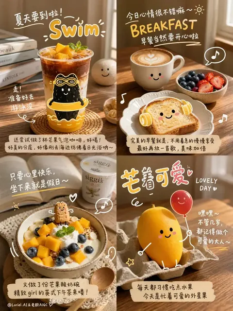 A 2x2 collage of food and drink items like fruit drinks, breakfast, dessert, and mangoes, decorated with cute characters, doodles, and handwritten Chinese text in a warm, cozy style.