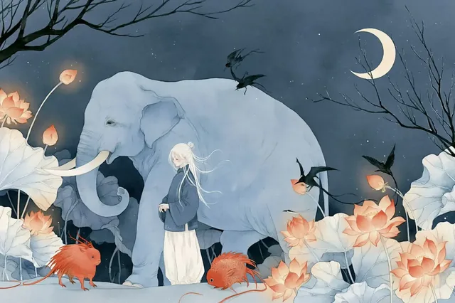 A watercolor illustration of a pale blue elephant and a young person with white hair, standing near lotus flowers and small mythical creatures under a night sky with a crescent moon.