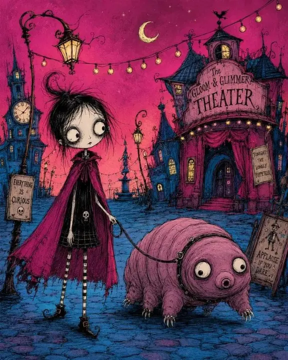 Gothic whimsical hand-drawn illustration of a human and an animal with oversized staring eyes and spindly proportions, set in a surreal, crooked landscape with a glowing gradient sky.