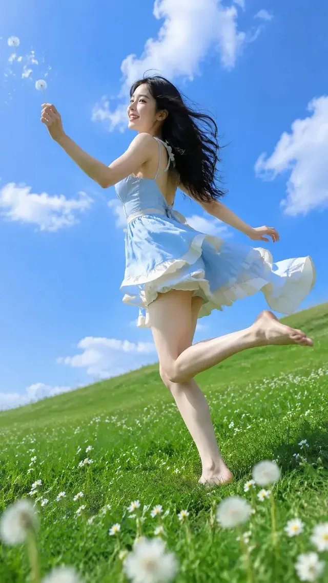 A young East Asian woman with windblown hair runs barefoot across a grassy hillside dotted with dandelions, wearing a light blue and ivory summer dress, captured from a low angle.