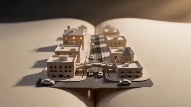 A detailed pop-up book animation showing a miniature paper city unfolding with intricate buildings, roads, and trains, all emerging from the pages of a large open book.