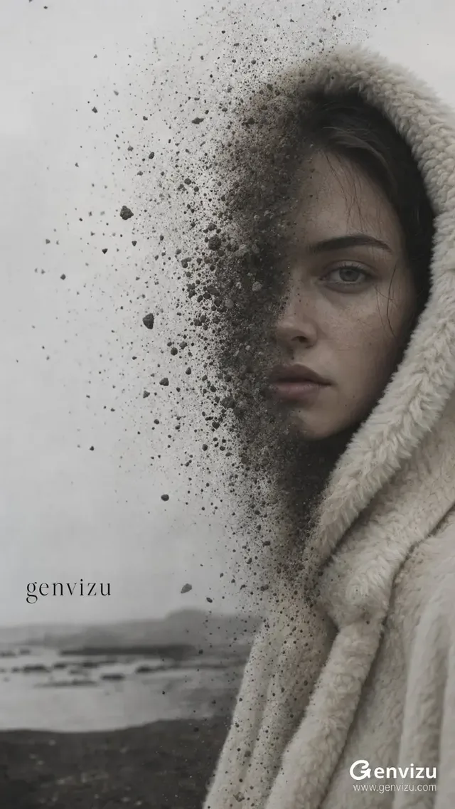 Vertical fashion poster: A woman in an ivory shearling hood and coat faces camera, her right side dissolving into dark soil grains and mist against a foggy coastal background. A small black serif wordmark 'genvizu' is in the lower left.
