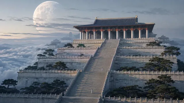 A vast, ancient Chinese ceremonial hall with intricate architectural details, bathed in cool dawn light. Tiny human figures are dwarfed by the scale of the structure, scattered along a long stairway descending into haze.