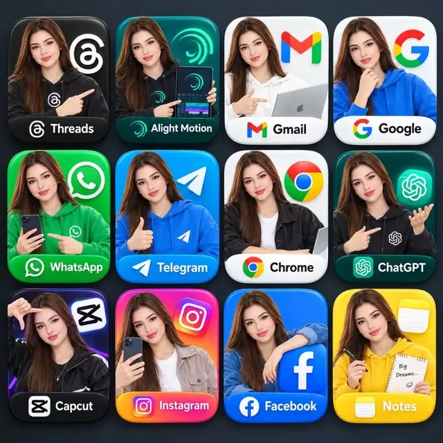 A 4x3 grid of 3D rounded-square app cards featuring the same young woman interacting with various popular application logos and themes.
