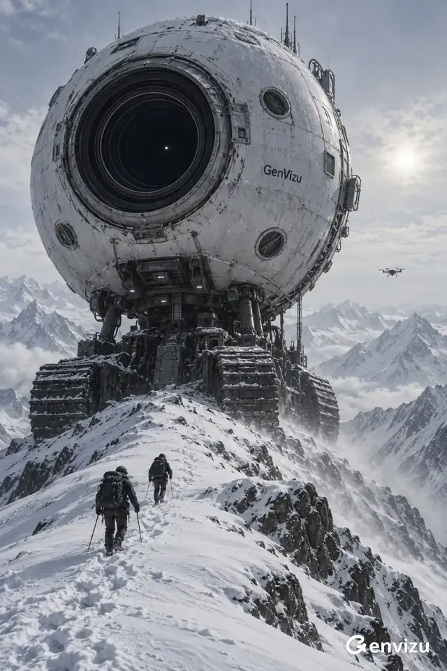 A massive, silver-white spherical machine with a dark optical lens stands on a narrow snowy mountain ridge. Two small figures in dark gear are seen from behind, walking towards the machine. The scene is realistic with diffused daylight and subtle textures.