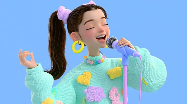 A 3D rendered character singing into a microphone.